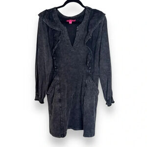 Betsey Johnson Ruffle Long Sleeve Gray Mini Dress Size Large Boho Evening Party